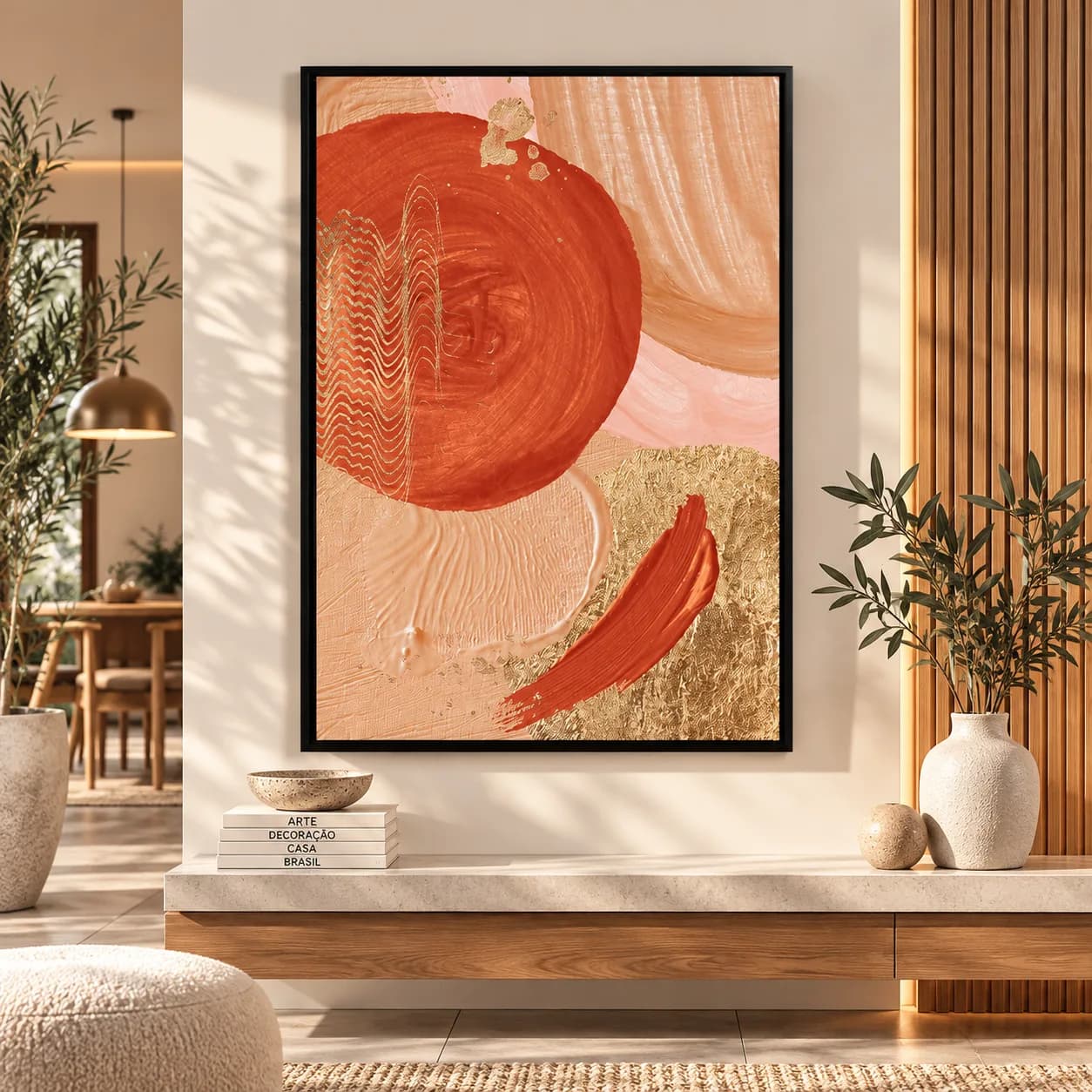 Quadro Decorativo Pintura Ouro e Azul Marinho com Terracota -vs02