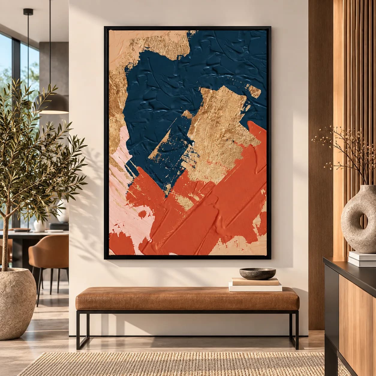 Quadro Decorativo Abstrato Fluxo Dourado – Azul Marinho e Terracota