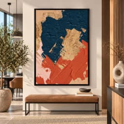 Quadro Decorativo Abstrato Fluxo Dourado – Azul Marinho e Terracota