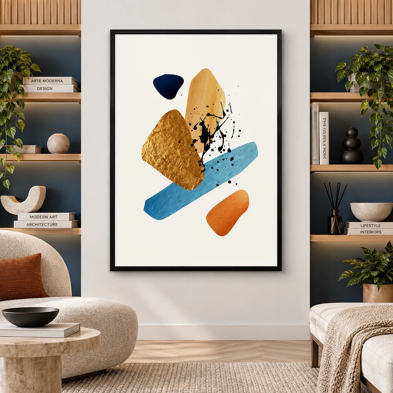 Quadro Decorativo Formas Abstratas – Tinta Preta e Detalhe Dourado Arte Moderna