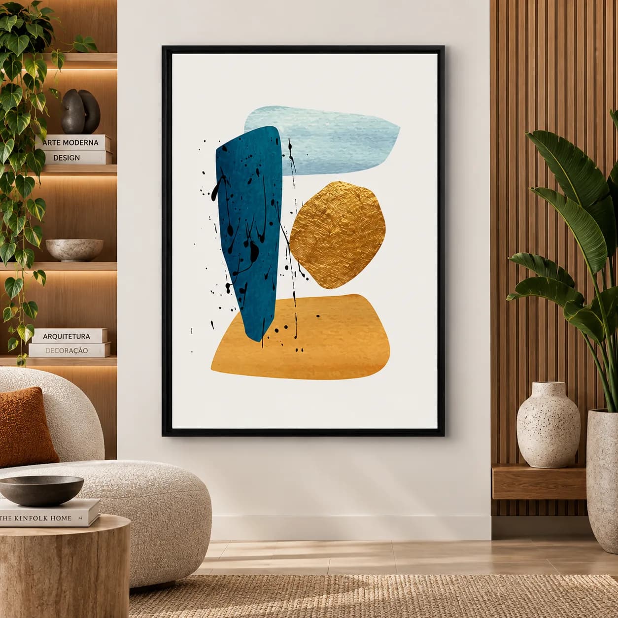Quadro Decorativo Formas Abstratas 02 – Tinta Preta e Detalhe Dourado Arte Moderna