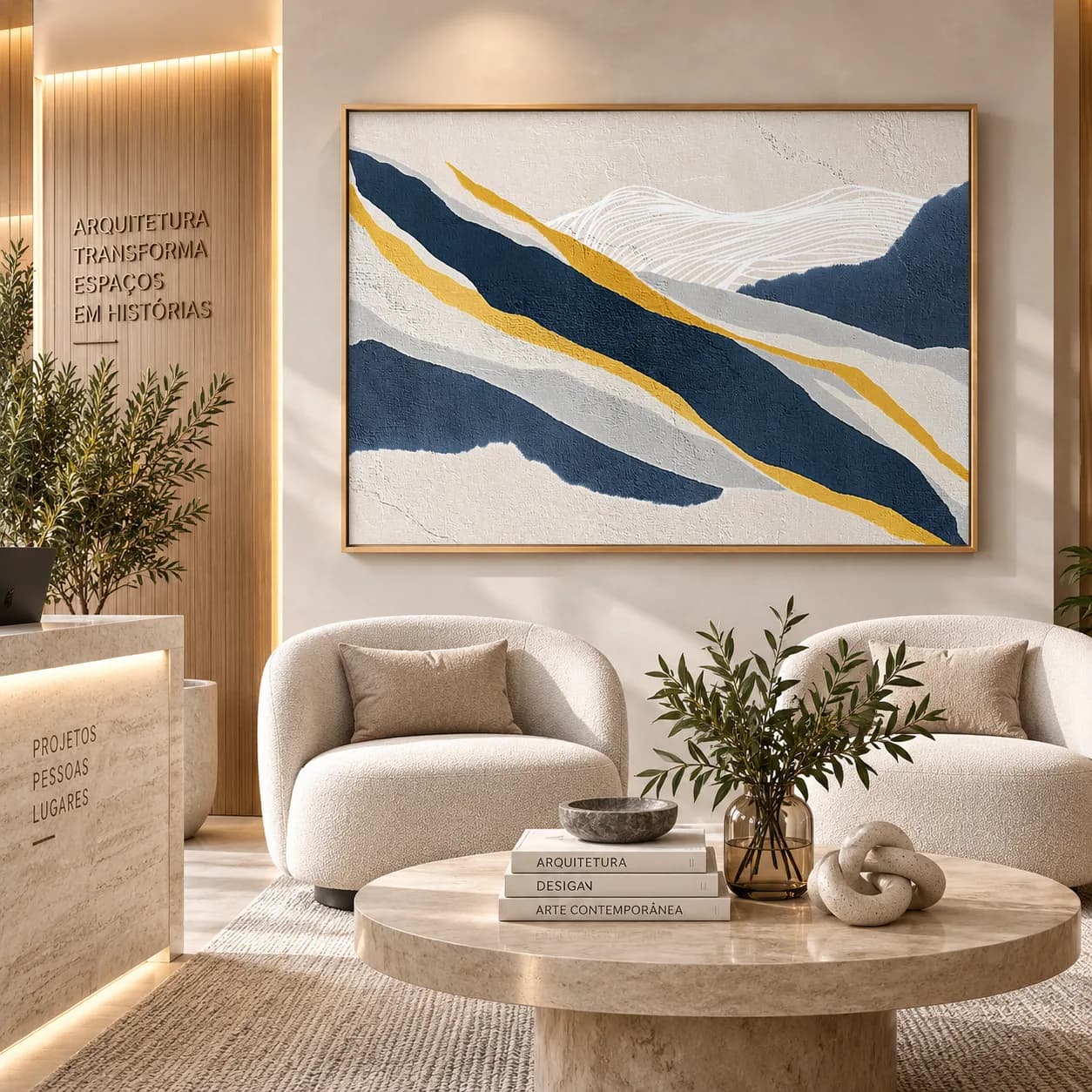 Quadro Decorativo Entre Montanhas – Arte Abstrata Azul e Dourado