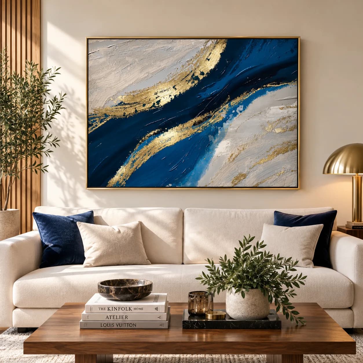 Quadro Decorativo Fluxo Dourado – Arte Abstrata Azul e Dourado