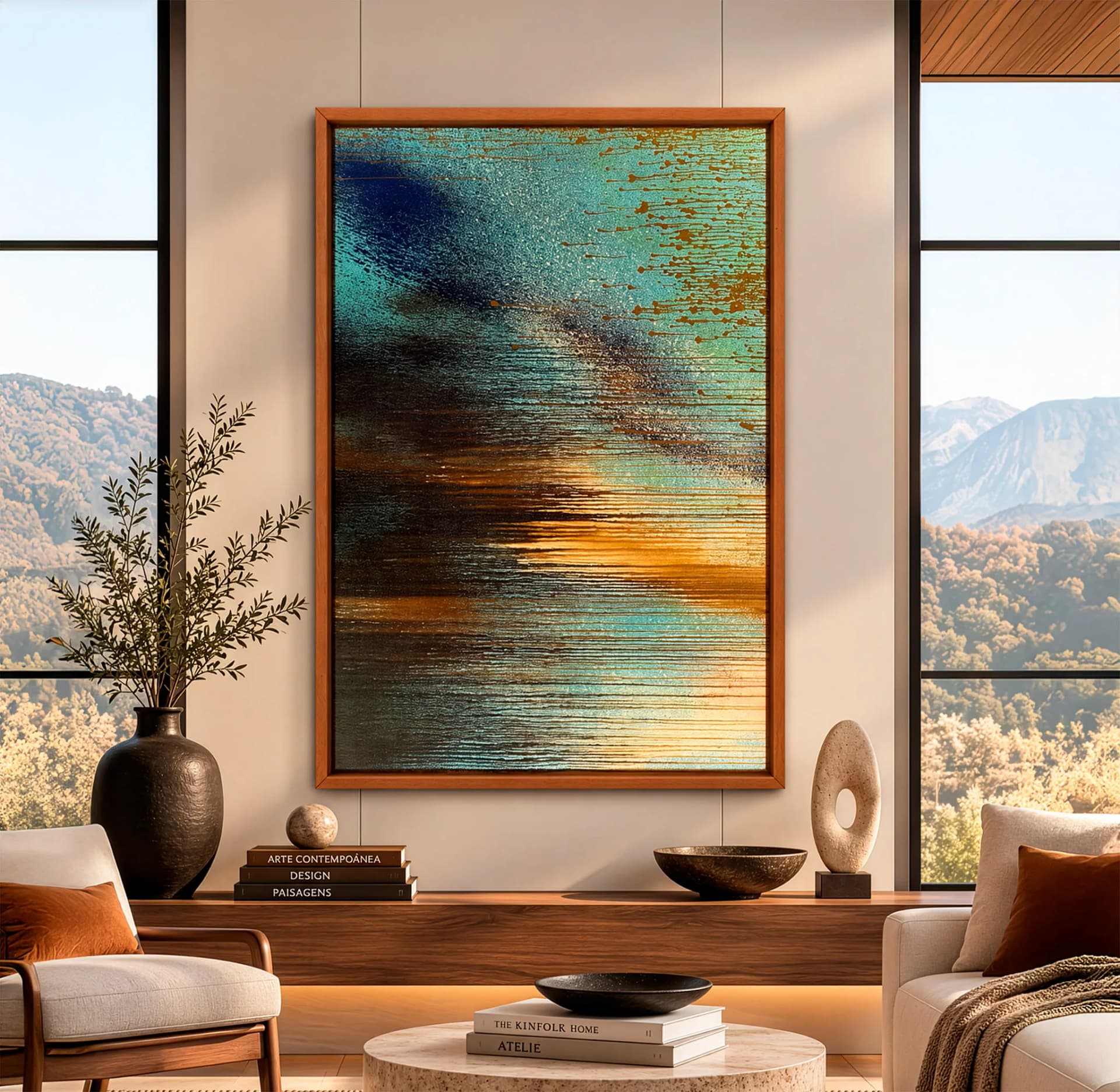 Quadro Decorativo Fluxo Dourado – Arte Abstrata Contemporânea