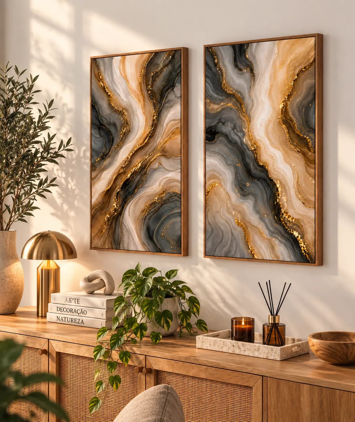 Kit Duo Quadros Decorativos Veios de Ouro Abstrato Mármore e Ágata