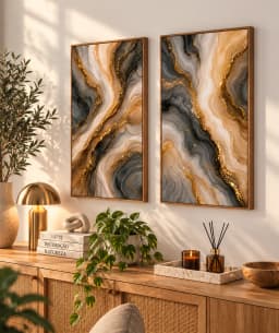 Kit Duo Quadros Decorativos Veios de Ouro Abstrato Mármore e Ágata