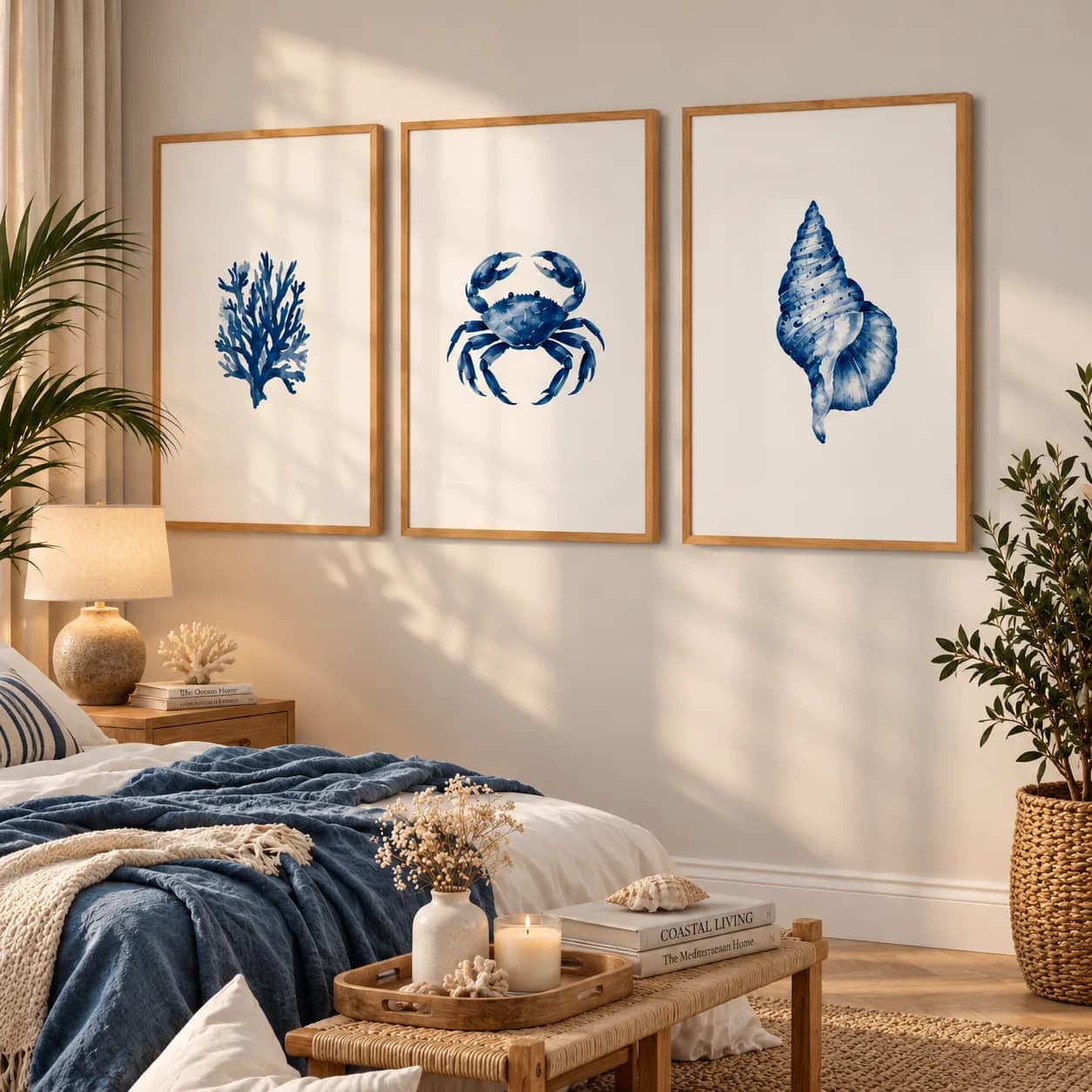 Kit 3 Quadros Decorativos Vida Marinha em Aquarela Azul – Coral, Caranguejo e Concha