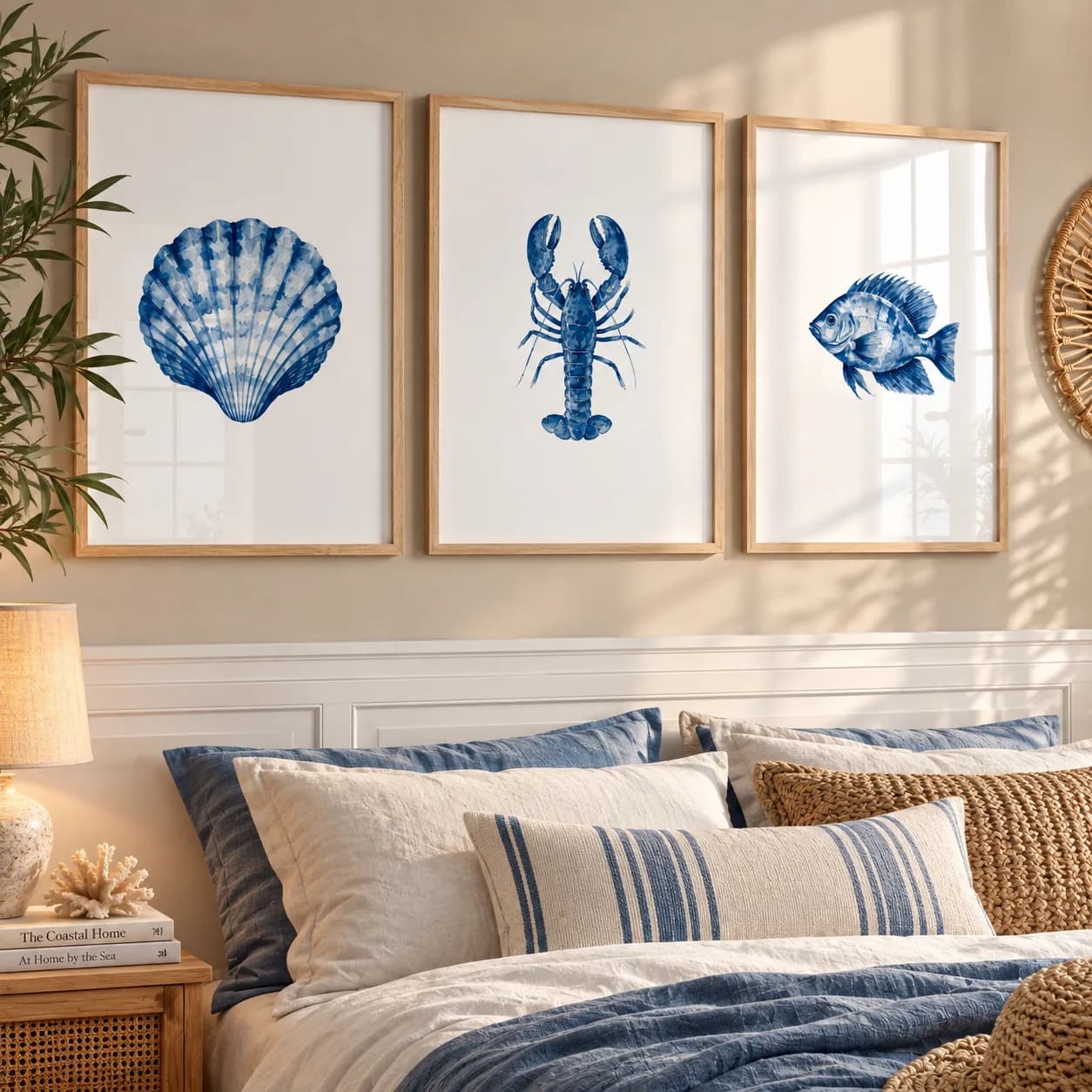 Kit 3 Quadros Decorativos Vida Marinha em Aquarela Azul – Concha, Lagosta e Peixe