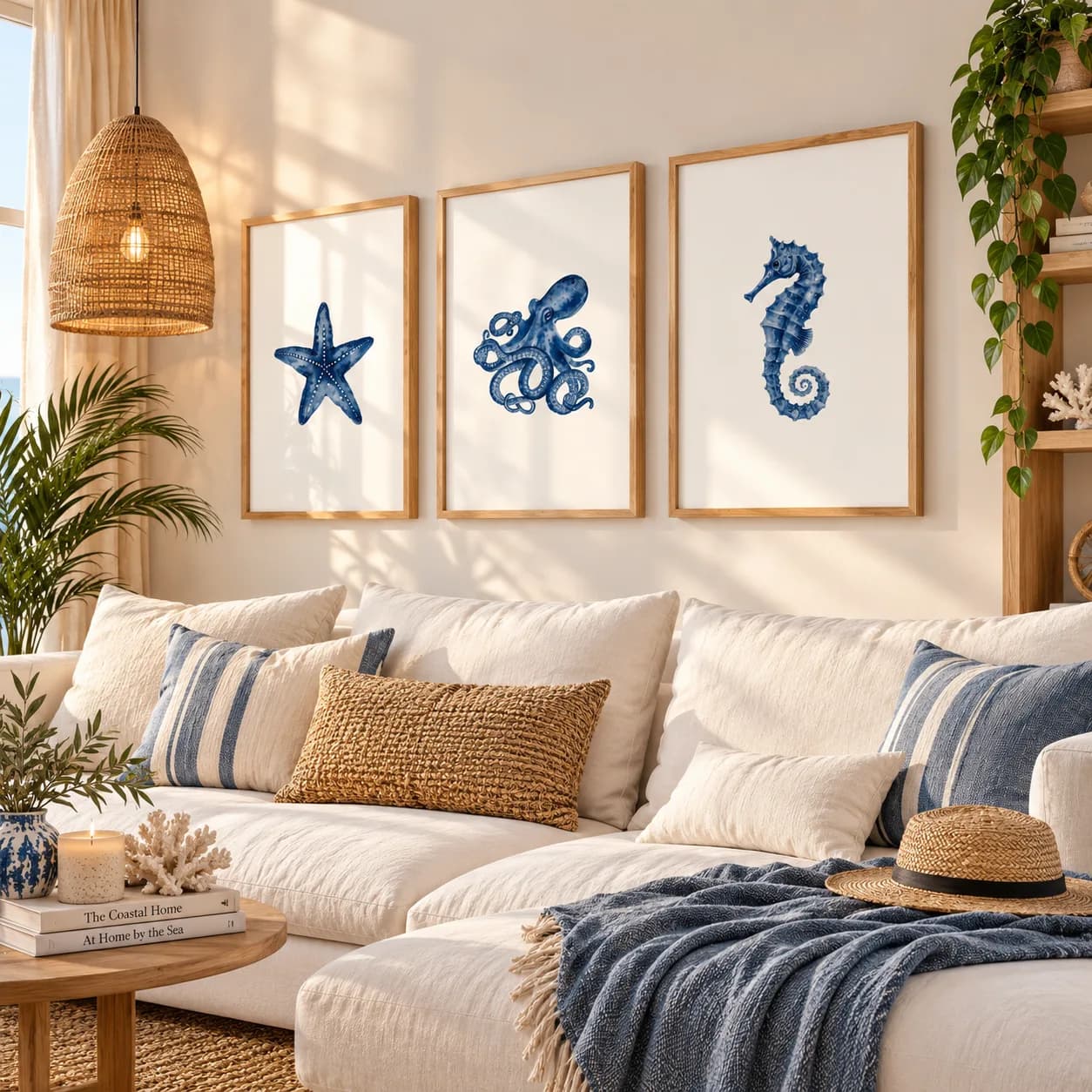 Kit 3 Quadros Decorativos Vida Marinha em Aquarela Azul – Estrela-do-Mar, Polvo e Cavalo-Marinho