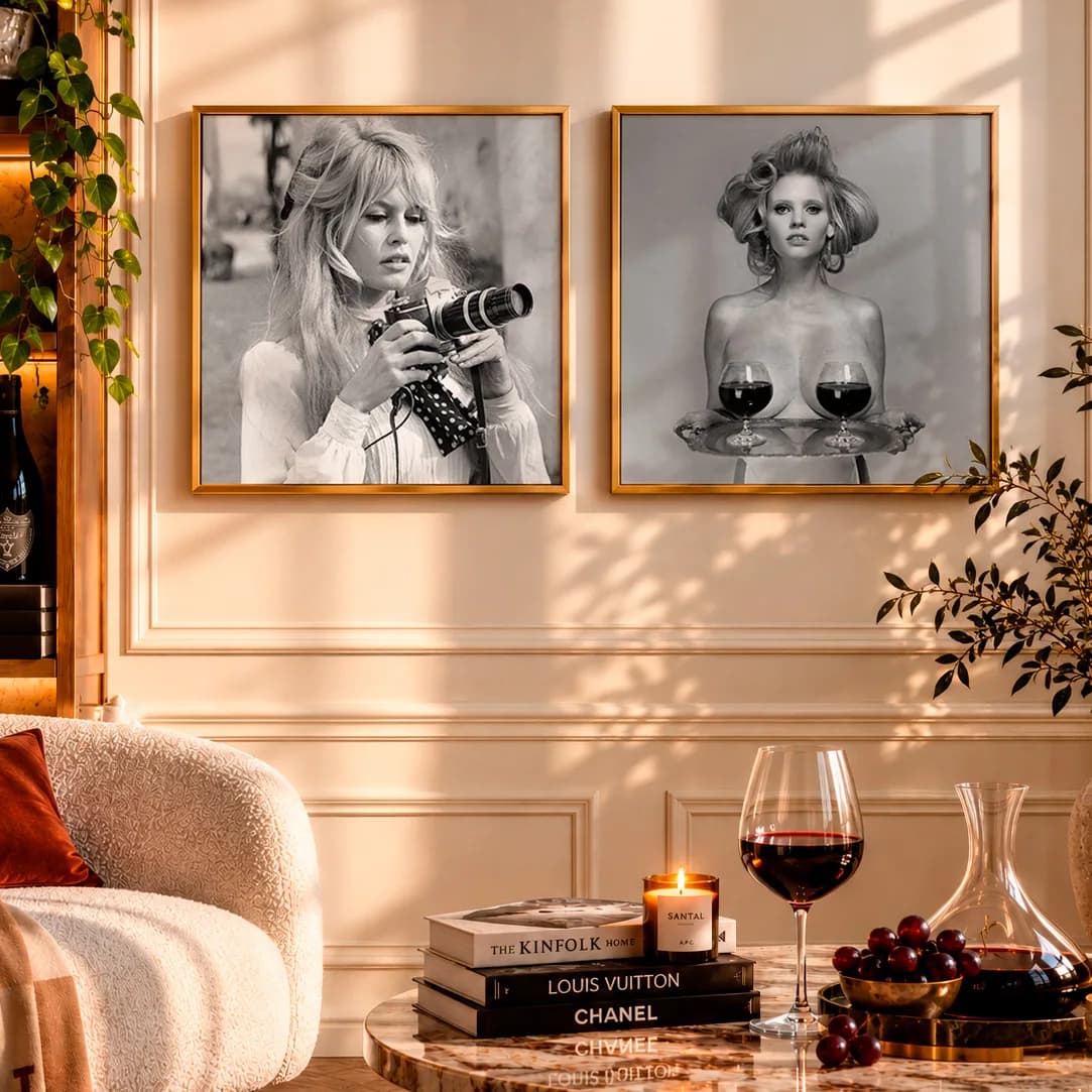 Kit Duo Quadros Decorativos Brigitte Bardot e Lara Stone | Moda, Fotografia e Vinho