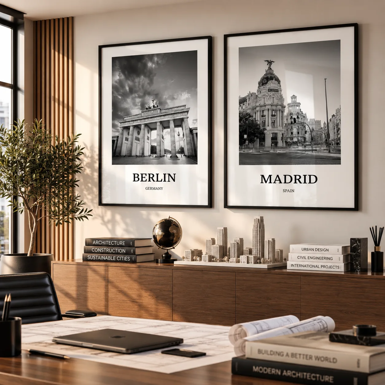 Kit Duo Quadros Decorativos Berlin e Madrid | Cidades Europeias em Preto e Branco