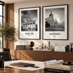 Kit Duo Quadros Decorativos Berlin e Madrid | Cidades Europeias em Preto e Branco