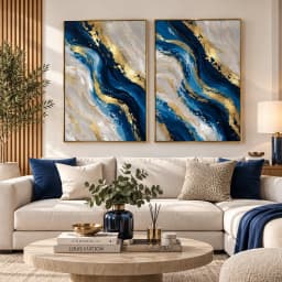 Kit Duo Quadros Decorativos Fluxo Dourado – Arte Abstrata Azul e Dourado