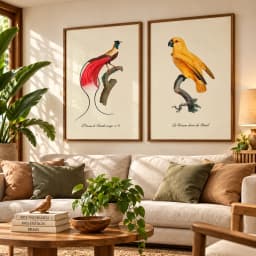 Kit Duo Quadros Decorativos Aves Exóticas | Ave-do-Paraíso-Vermelha e Ararajuba – Arte Ornitológica Vintage