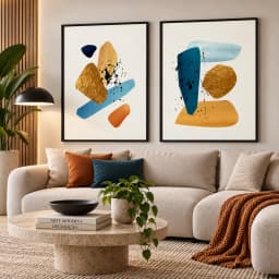 Kit Duo Quadros Decorativos Formas Abstratas – Tinta Preta e Detalhes Dourados Arte Moderna