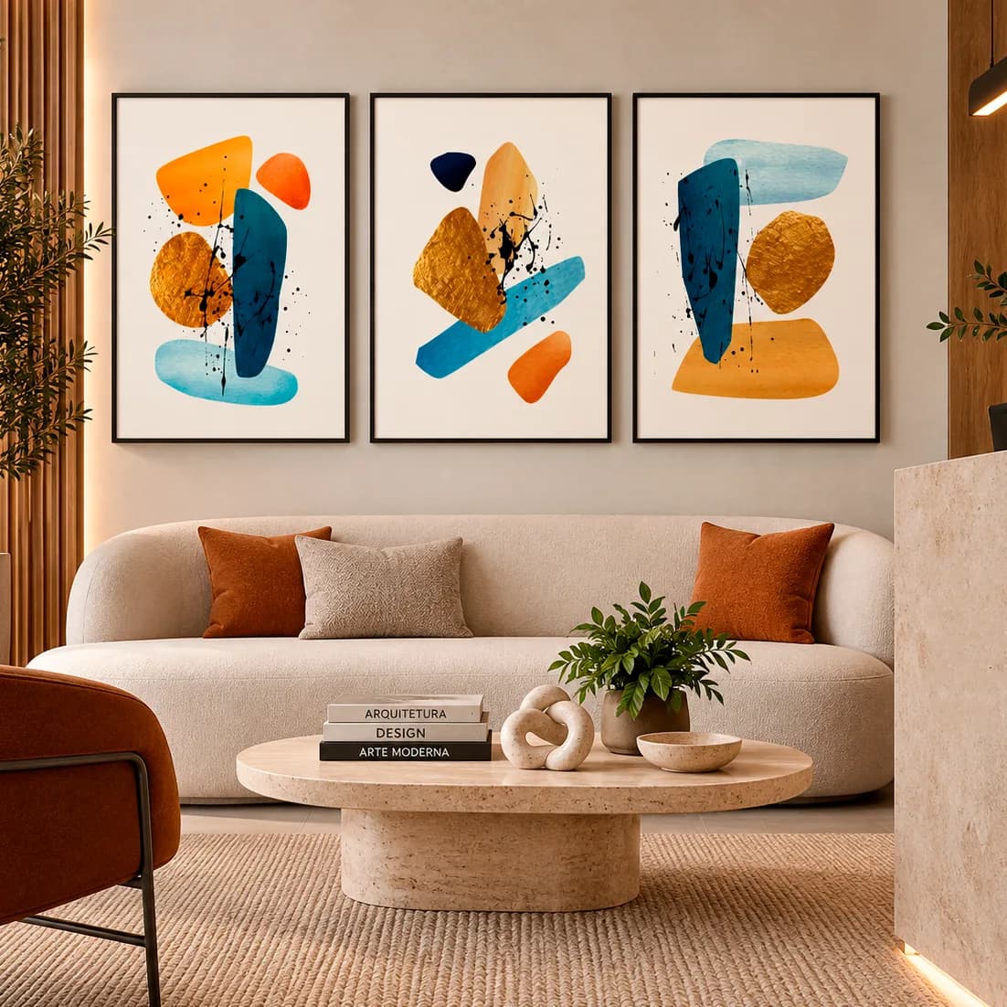 Kit Trio Quadros Decorativos Formas Abstratas – Tinta Preta e Detalhes Dourados Arte Moderna