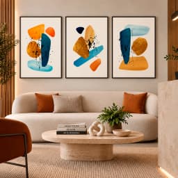 Kit Trio Quadros Decorativos Formas Abstratas – Tinta Preta e Detalhes Dourados Arte Moderna