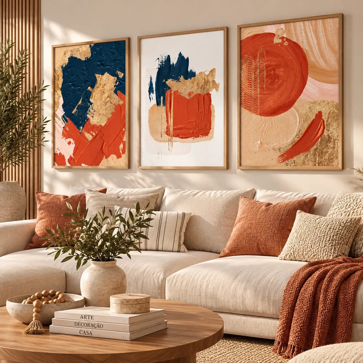 Kit Trio Quadros Decorativos Abstratos Fluxo Dourado – Azul Marinho e Terracota Arte Contemporânea