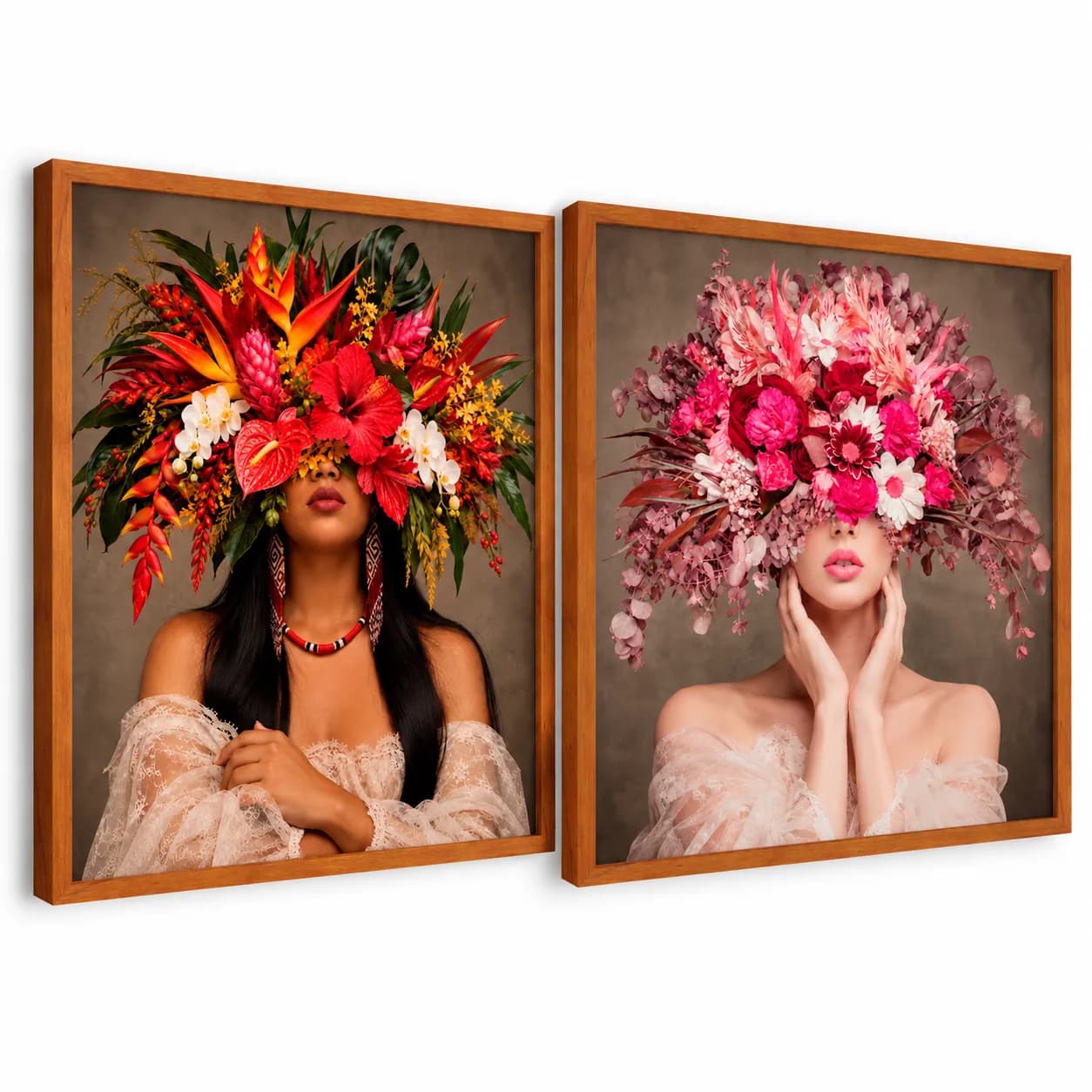 Kit Duo Quadros Decorativos Véu de Flores e Filha da Floresta