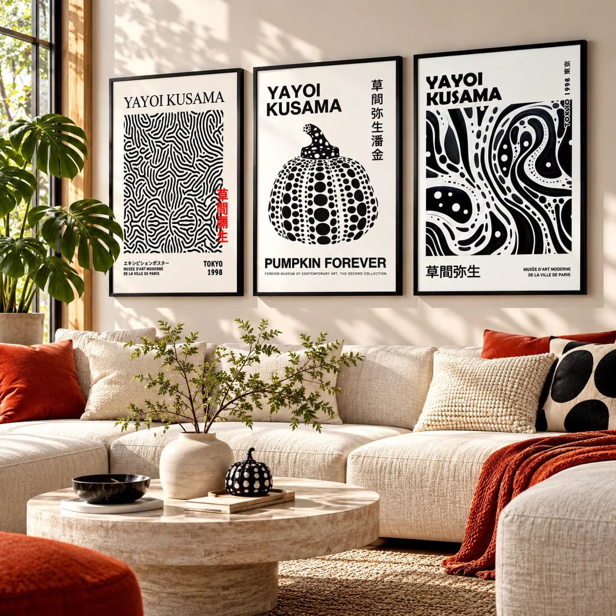 Kit Trio Quadros Decorativos Yayoi Kusama – Black & White