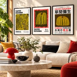 Kit Trio Quadros Decorativos Yayoi Kusama – Pumpkin Forever & Yellow Dots