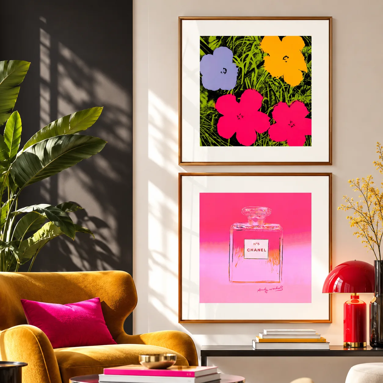 Kit Duo Quadros Decorativos Andy Warhol Flowers e Chanel Nº 5 – Pop Art