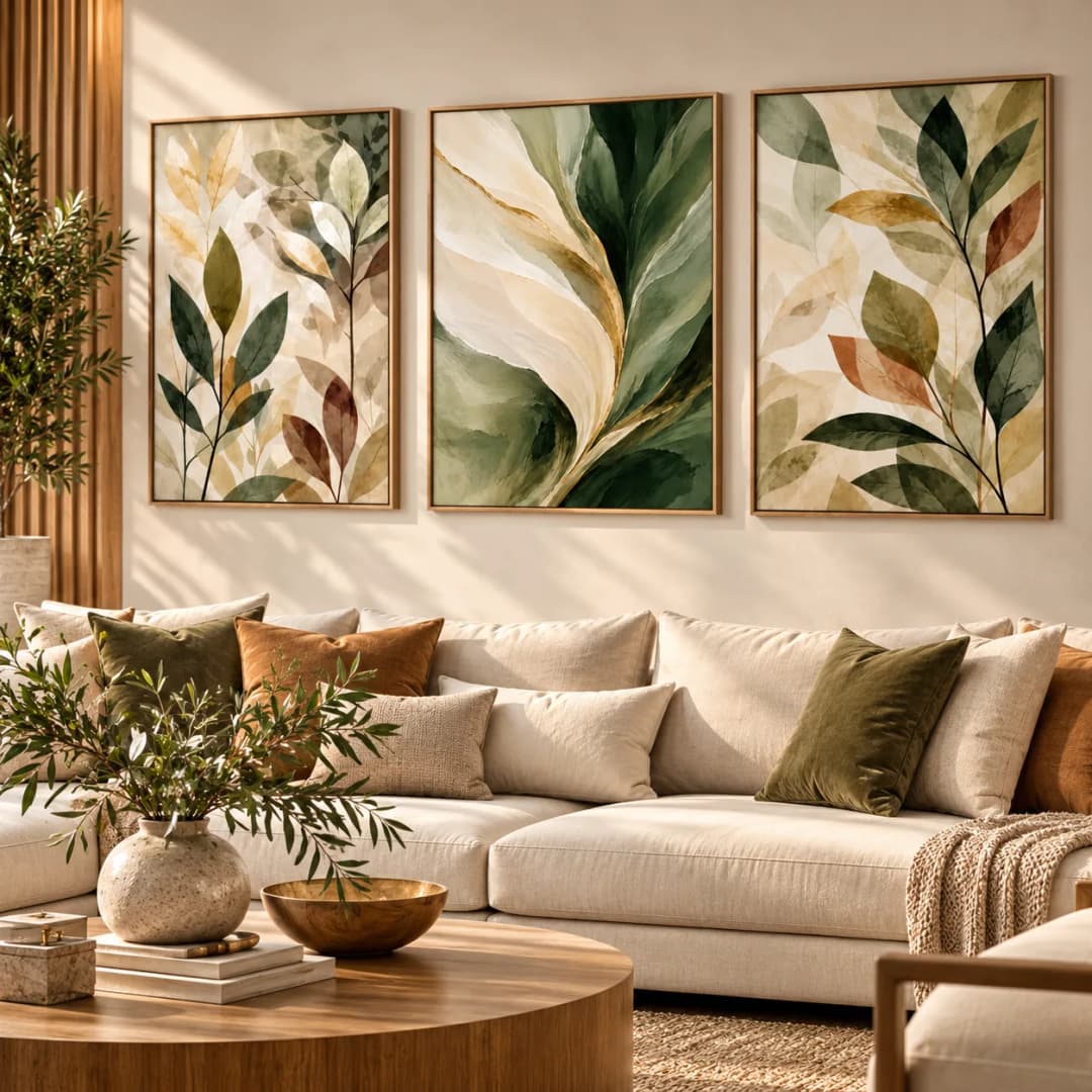Kit Trio Quadros Decorativos Essência Botânica em Tons Naturais