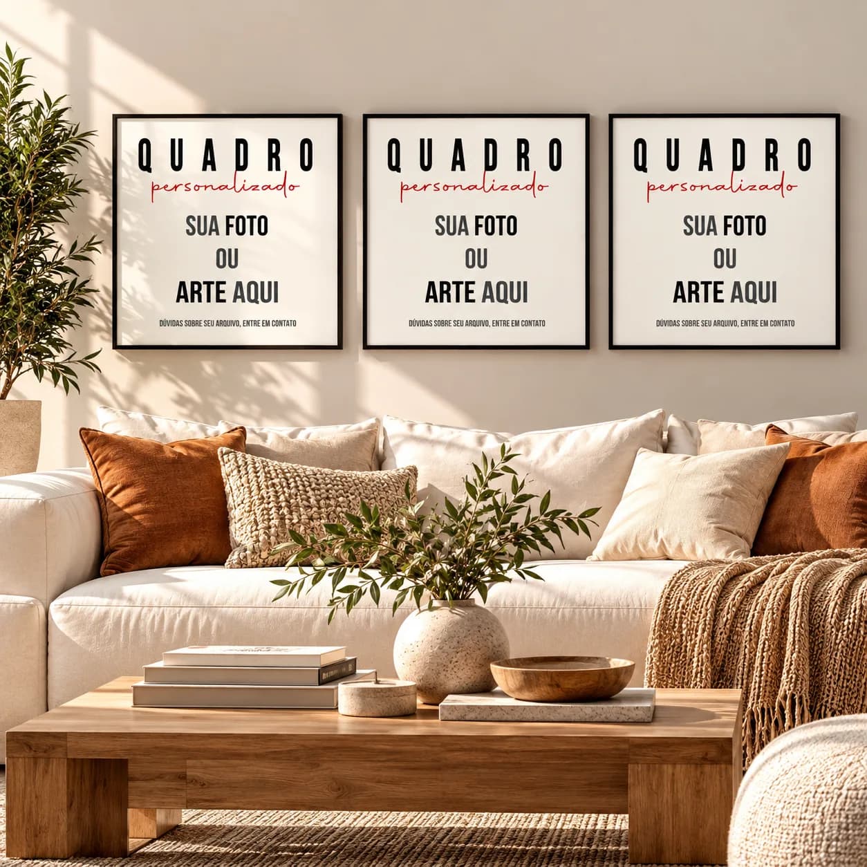Kit Trio de Quadros Decorativos Personalizados Quadrado com Sua Foto ou Arte