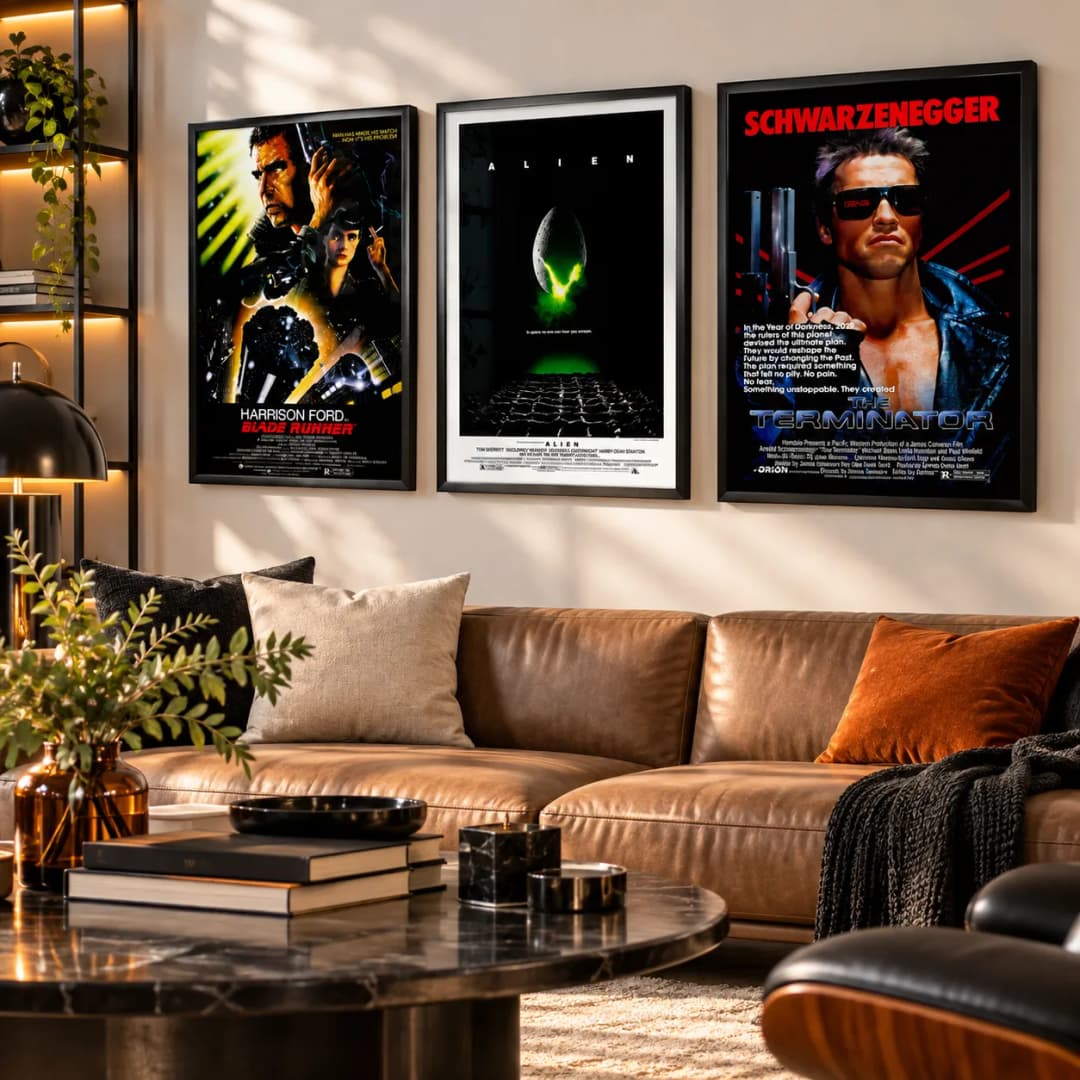 Kit Trio Quadros Decorativos Ficção Científica – Blade Runner, Alien e O Exterminador do Futuro