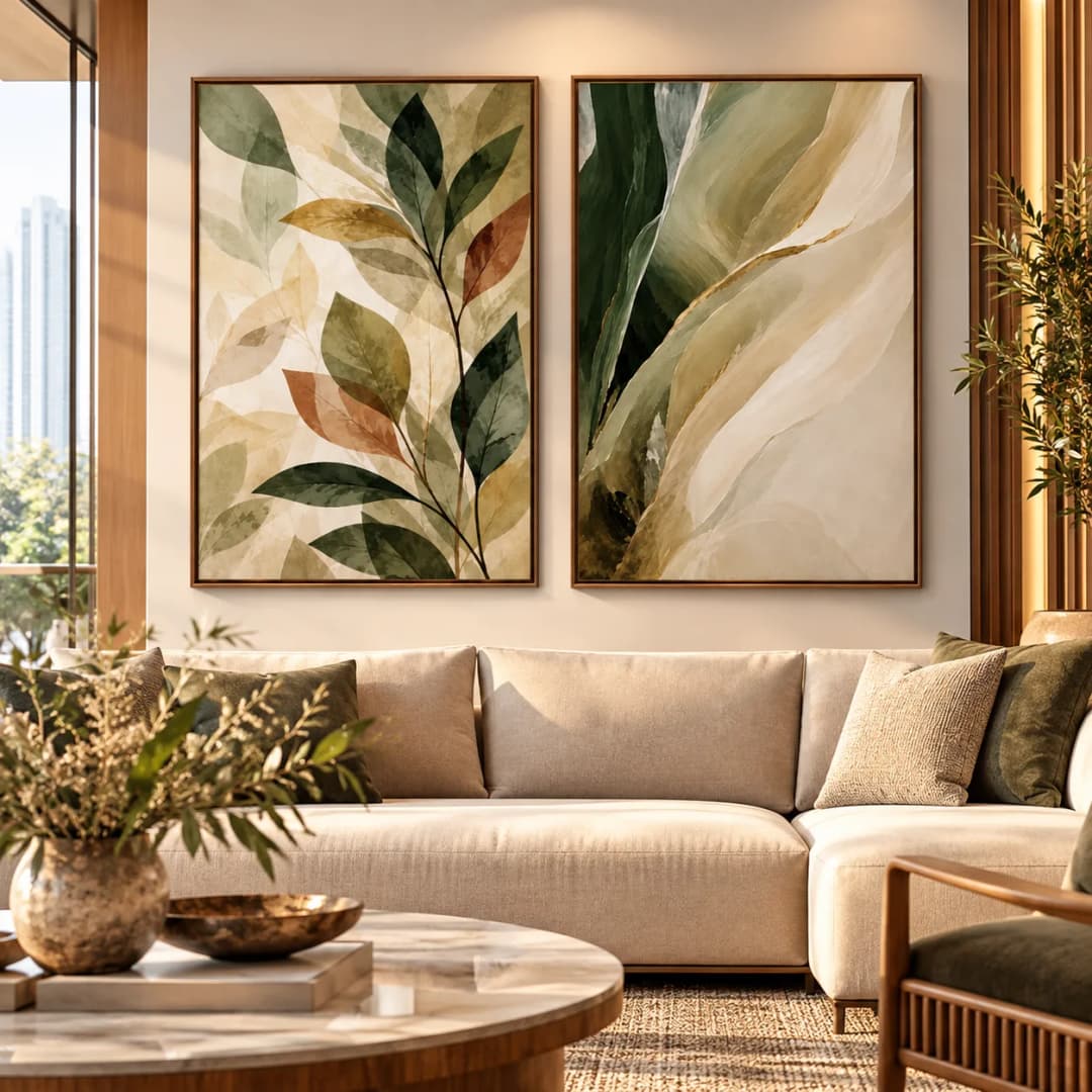 Kit Duo Quadros Decorativos Essência Botânica em Tons Naturais